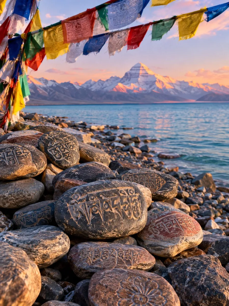 Mani-Steine und Gebetsfahnen am Ufer des Manasarovar-Sees bei Sonnenaufgang